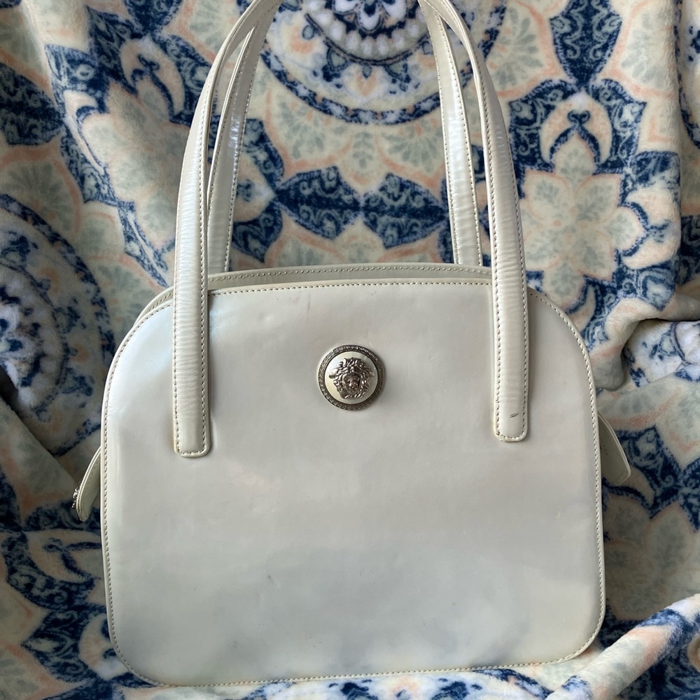 Versace Pearl Like White Shoulder Bag with Iconic Medallion Vintage Elegant